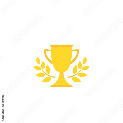 Gold trophy, winning cup with laurel wreath isolated on white background.