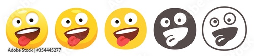 Zany emoji. Yellow goofy face with one large and one small eye. Crazy emoticon flat vector icon set