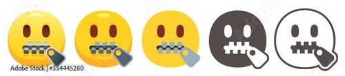 Zipper-mouth emoji. Yellow face with open eyes and closed metal zipper for mouth. Shut up or secret emoticon flat vector icon set