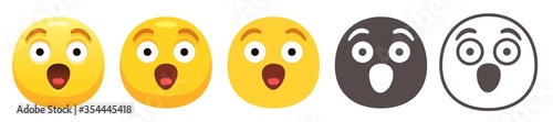 Surprised emoji. Yellow face with open mouth, big open eyes and raised eyebrows. Shocked emoticon flat vector icon set