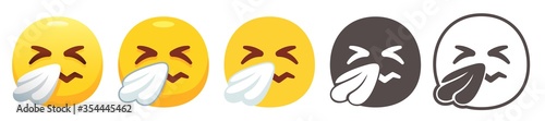 Sneezing emoji. Yellow face with scrunched eyes, blowing nose into white tissue