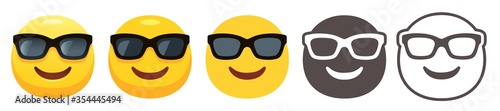Smiling Face with Sunglasses. Cool boss emoji icon, person wearing dark glasses and eyes summer sun protection. Happy smile emoticon vector flat and stencil black icons