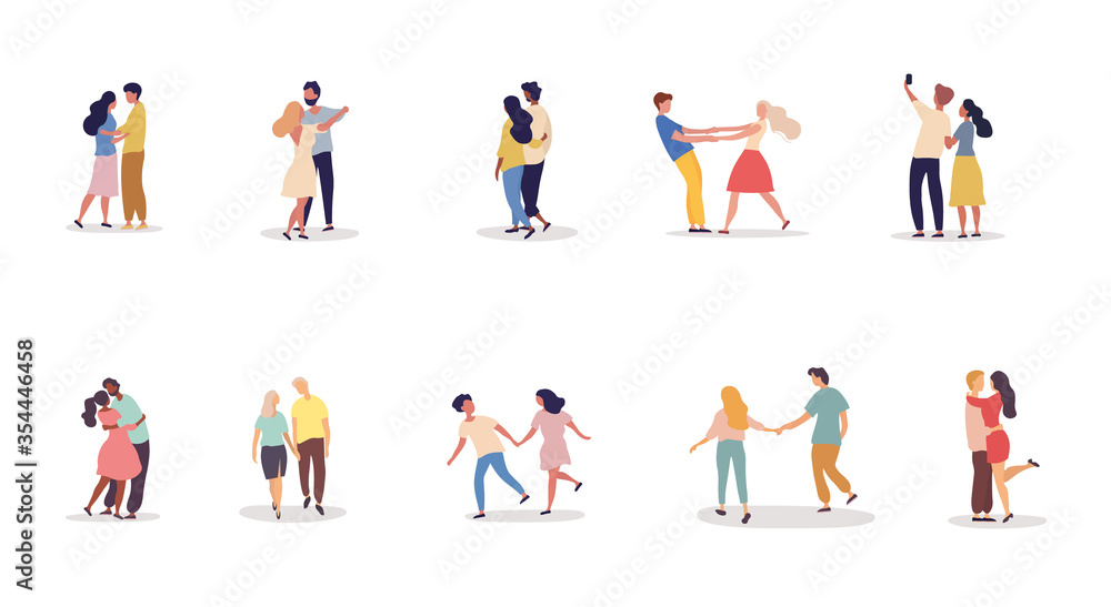 Collection of ten different romantic couples on a date holding hands, dancing, kissing, embracing and taking a selfie on white, colored vector illustration