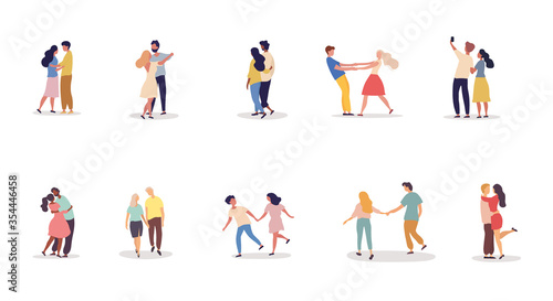 Collection of ten different romantic couples on a date holding hands  dancing  kissing  embracing and taking a selfie on white  colored vector illustration