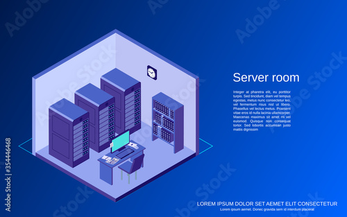 Server room, data center interior flat isometric vector illustration