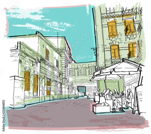 illustration of street in Moscow. Street cafe