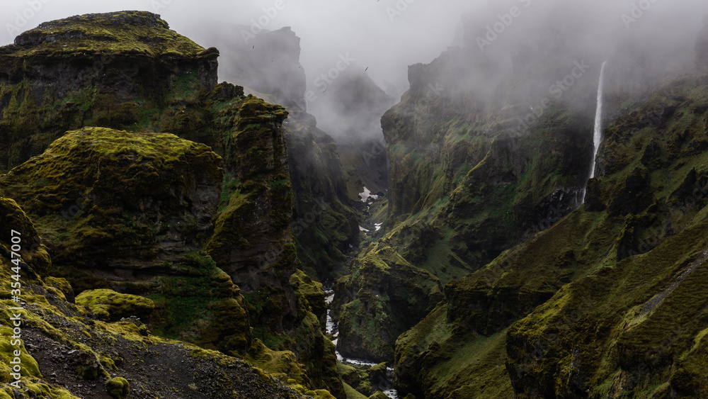 Extremely dramatic landscape on Iceland during a foggy day.