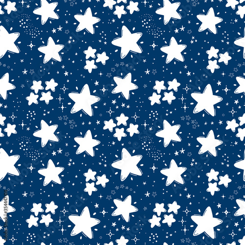 Space Seamless Pattern. Cute Starry Sky. Doodle White Stars on Dark Blue Background. Festive Star Wallpaper. Vector Holiday and Birthday Party Design 