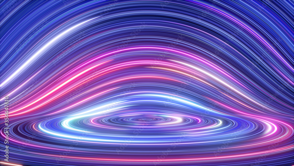 3d render, abstract cosmic circle background, ultra violet neon rays, glowing lines, speed of light, space and time strings, bright swirl