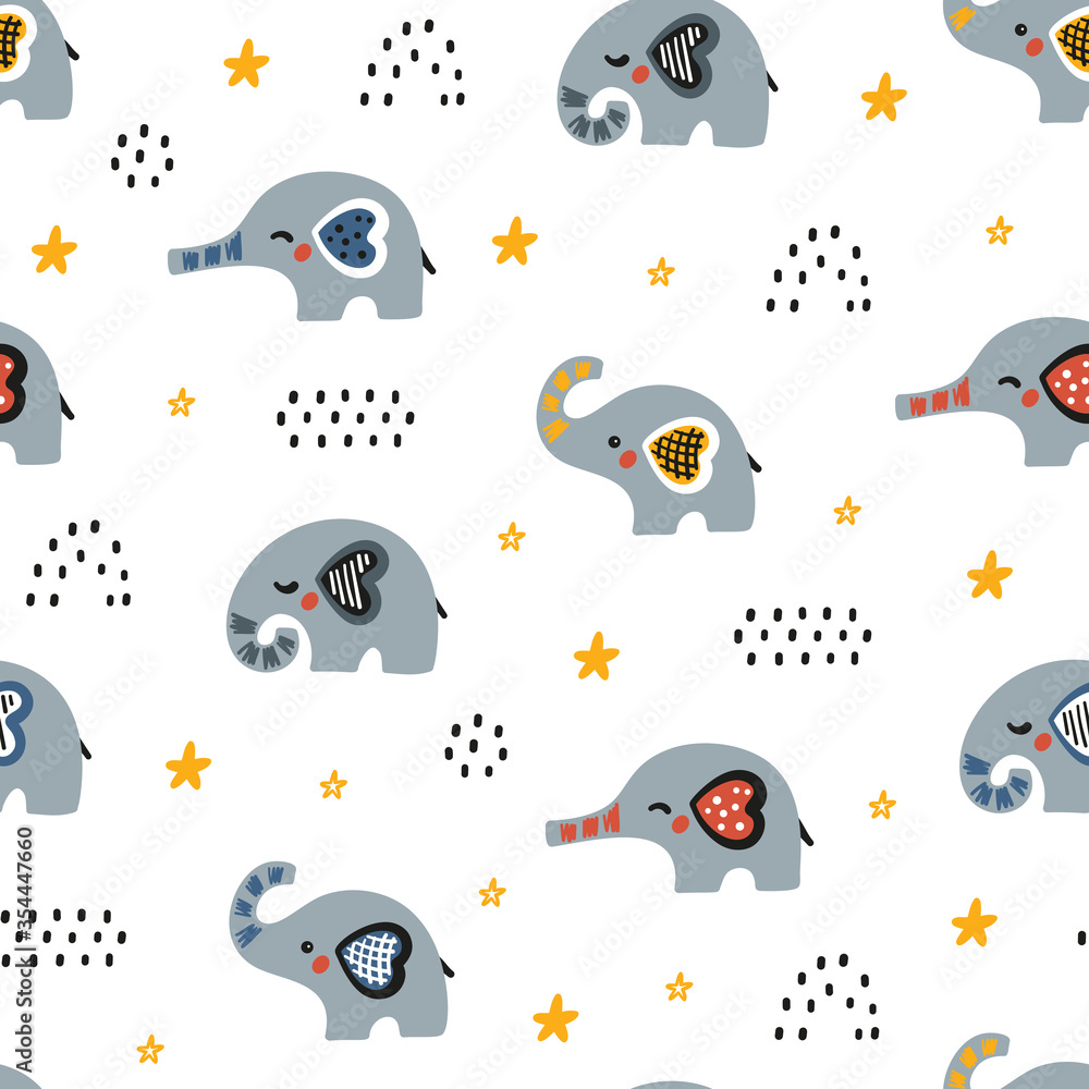 Cute Little Elephants Vector Seamless Pattern. Baby Elephant, Stars and  Dots. Doodle Cartoon Animals Background for Kids. Children's wallpaper  Stock Vector | Adobe Stock