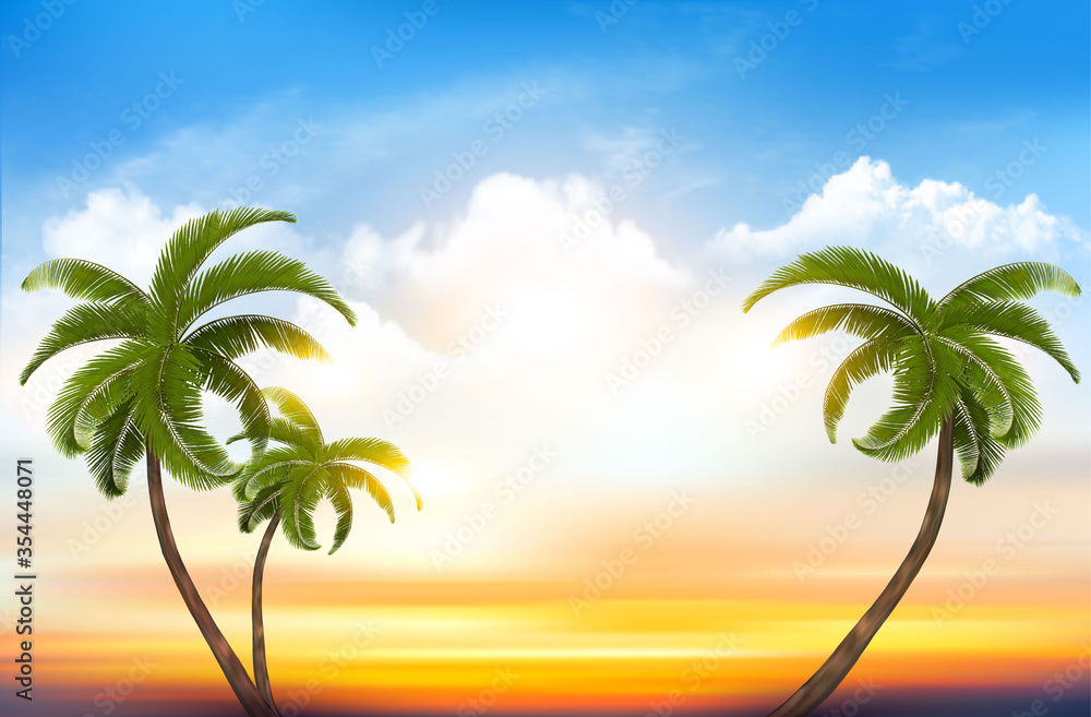 Sunset sky background with transparent clouds and a palm tree. Vector illustration.