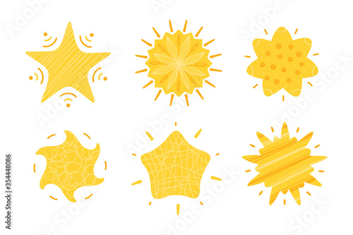 Cute Yellow Stars with Abstract Patterns Vector Set. Hand Drawn Doodle Different Star Icons for Kids Fashion, Nursery, Baby Shower, Scandinavian Print or Poster, Pajamas Party
