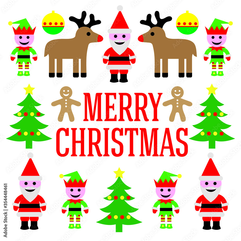 vector illustration of cute cartoon style christmas characters with merry christmas message