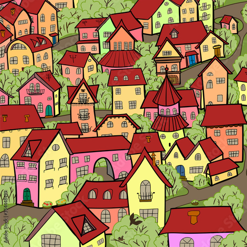 Colorful houses with trees on the streets. Drawn illustration in cartoon style.
