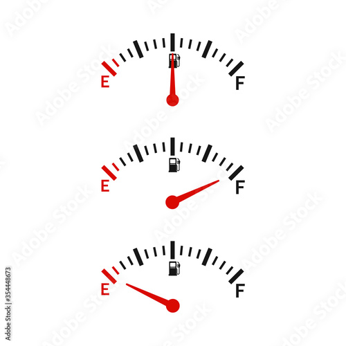 Fuel gauge indicator icons set. Car dial meter of gas, petrol, gasoline or diesel. Vector illustration.