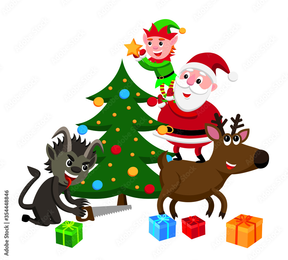 santa claus decorating a christmas tree with a help of an elf and a reindeer while krampus is trying to sabotage their efforts