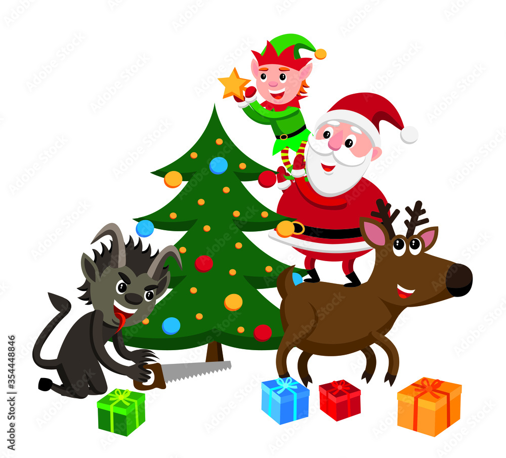 santa claus decorating a christmas tree with a help of an elf and a reindeer while krampus is trying to sabotage their efforts santa claus decorating a christmas tree with a help of an elf and a reindeer while krampus is trying to sabotage their efforts