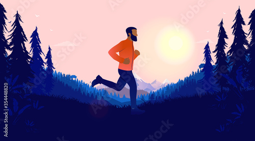 African American man jogging outdoors in landscape with sun and beautiful view in background. Training, exercise and health concept. Vector illustration