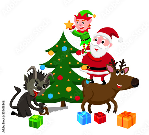 Fototapeta Naklejka Na Ścianę i Meble -  santa claus decorating a christmas tree with a help of an elf and a reindeer while krampus is trying to sabotage their efforts