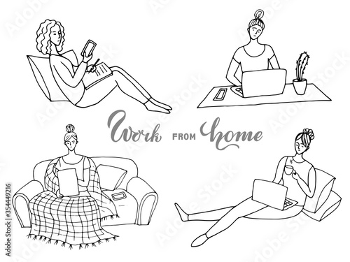 Set of illustration.  Women working in remote work.  Work from home.  Lettering.  Drawn by the outline on a white background in the style of doodle.  Vector.