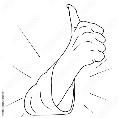 Raised hand with an approving gesture in a linear style. Vector illustration of a thumb up on a white background. Stock image with a sign of approval and high mark. For print, social networks, news.