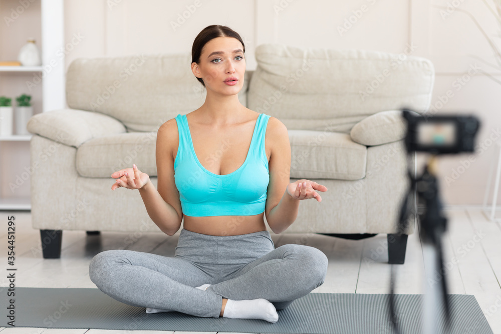 Fitness Instructor Making Online Video Training For Her Blog Indoors Fitness Instructor Making Online Video Training For Her Blog Indoors