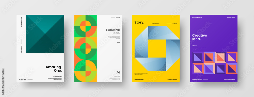 Company identity brochure template collection. Business presentation vector A4 vertical orientation front page mock up set. Corporate report cover abstract geometric illustration design layout bundle.