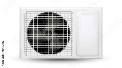Air Conditioner System Outdoor Element Vector. External Block With Ventilator Propeller Of Conditioner. Climate Electrical Technology Tool Compressor Template Realistic 3d Illustration
