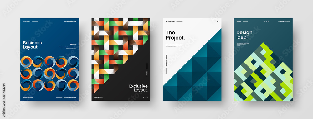 Company identity brochure template collection. Business presentation vector A4 vertical orientation front page mock up set. Corporate report cover abstract geometric illustration design layout bundle. Company identity brochure template collection. Business presentation vector A4 vertical orientation front page mock up set. Corporate report cover abstract geometric illustration design layout bundle.