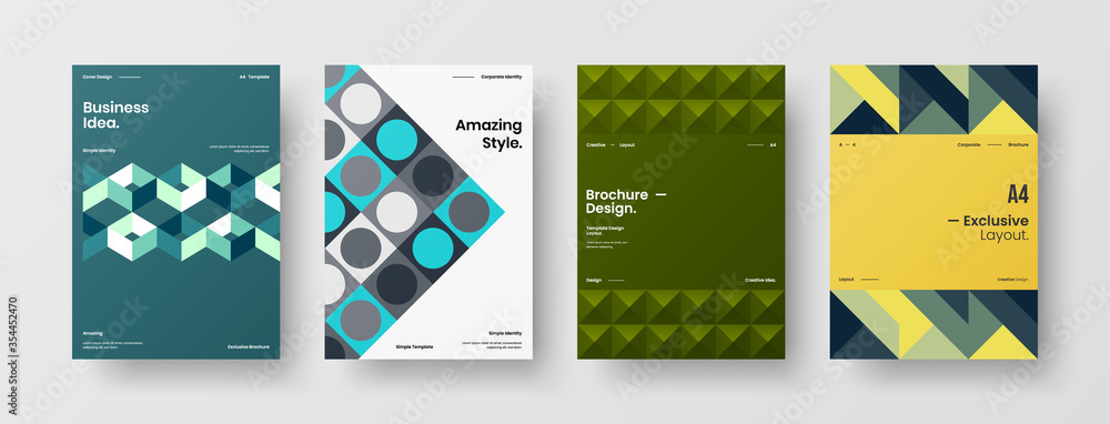 Fototapeta premium Company identity brochure template collection. Business presentation vector A4 vertical orientation front page mock up set. Corporate report cover abstract geometric illustration design layout bundle.