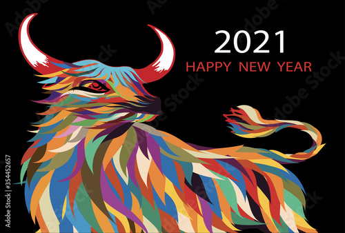 Vector illustration Happy New Year 2021 with  colorful paper cut ox, Happy Chinese new year greeting card with cow standing on black background, Animal holidays character zodiac,Year of the ox