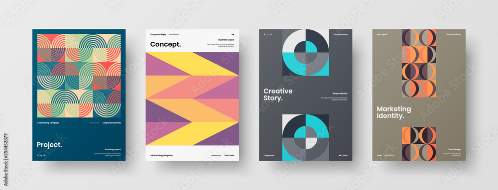 Fototapeta premium Company identity brochure template collection. Business presentation vector A4 vertical orientation front page mock up set. Corporate report cover abstract geometric illustration design layout bundle.