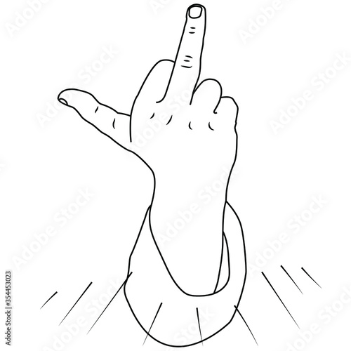 Linear gesture with the middle finger on a white background. Vector illustration with a rude gesture.