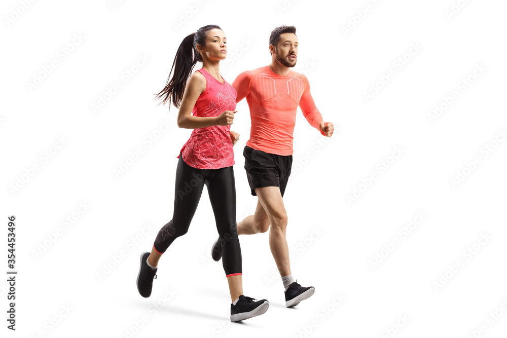 Man and woman in sportswear running together