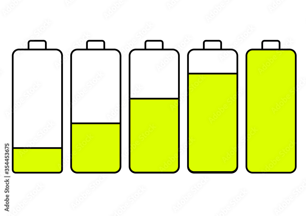 Battery life set from low to fully charge. Battery power level in green Battery life set from low to fully charge. Battery power level in green