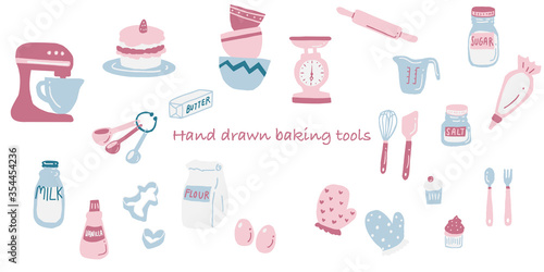 Pastel colored hand drawn baking supplies. Cute graphic resources of illustration in pink blue and red. Baking tools scale bowl cake oven mitt milk butter vanilla measuring cup cream.