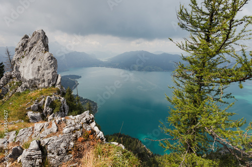 View of Lake Attersee from Schoberstein Mountain in Austria.