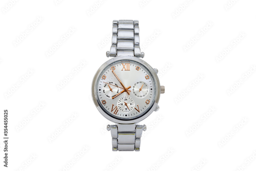 Silver colored elegant chronograph wristwatch with metal oyster style bracelet, white dial face and roman numerals isolated on white background. Silver colored elegant chronograph wristwatch with metal oyster style bracelet, white dial face and roman numerals isolated on white background.