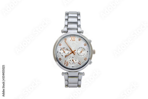 Silver colored elegant chronograph wristwatch with metal oyster style bracelet, white dial face and roman numerals isolated on white background.