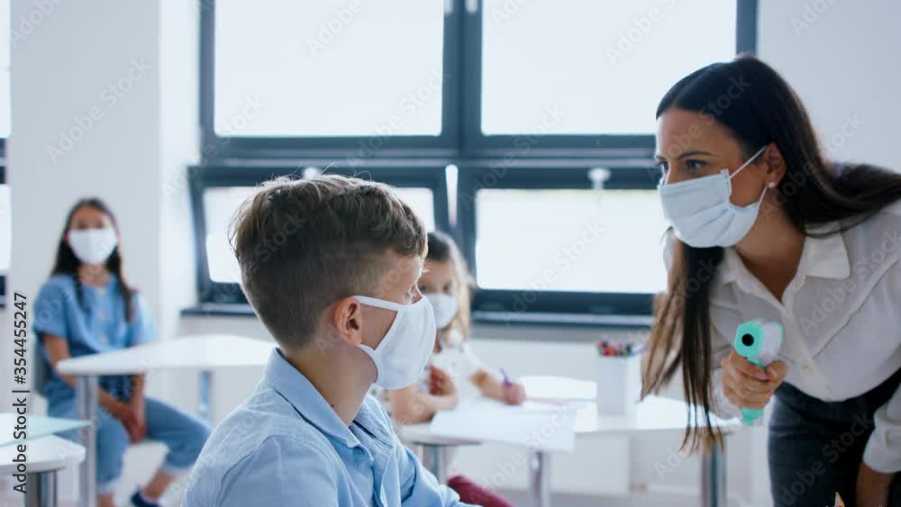 Teacher, children with face mask at school after covid-19 quarantine and lockdown. Teacher, children with face mask at school after covid-19 quarantine and lockdown.