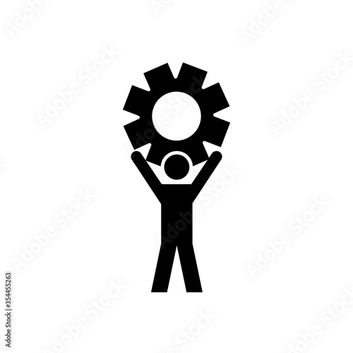 pictogram man holding up a gear wheel icon, silhouette style