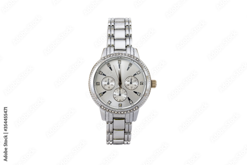 Silver colored elegant chronograph wristwatch with metal oyster style bracelet and white dial face with small dials isolated on white background. Silver colored elegant chronograph wristwatch with metal oyster style bracelet and white dial face with small dials isolated on white background.