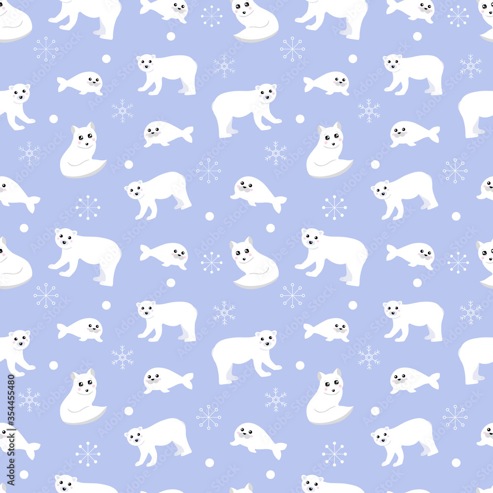 Vector seamless pattern of cute polar bears, arctic foxes, seals and snowflakes. Vector seamless pattern of cute polar bears, arctic foxes, seals and snowflakes.