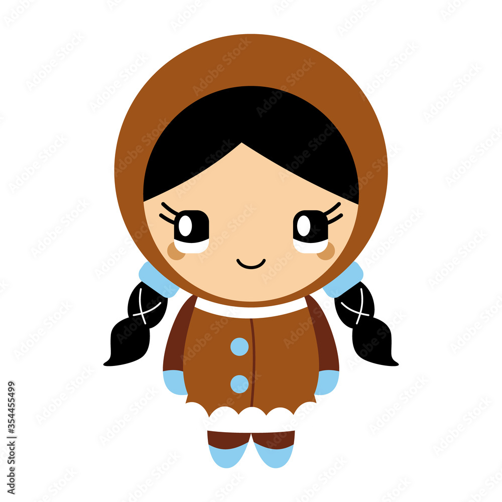 Vector illustration of an isolated eskimo girl with a cute face. Simple, flat style.
