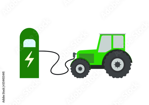 Flat vector illustration of a green electric tractor charging at the charger station. Electromobility e-motion concept. smart and modern agriculture