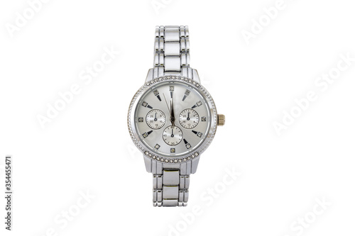 Silver colored elegant chronograph wristwatch with metal oyster style bracelet and white dial face with small dials isolated on white background.