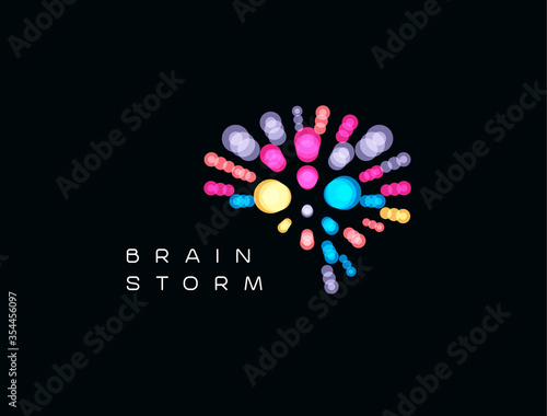 Brainstorming event logo. Brain logotype. Mind blowing ideas icon. Creative thinking sign. Isolated creativity and intelligence symbol. Fireworks vector illustration. Smart company solutions emblem.