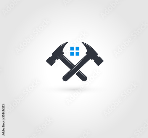 Crossed hammers logo. Home repairs emblem. Fixing, mending tools icon. Window installation,maintenance service. Device settings sign. Labour force, work force vector illustration.