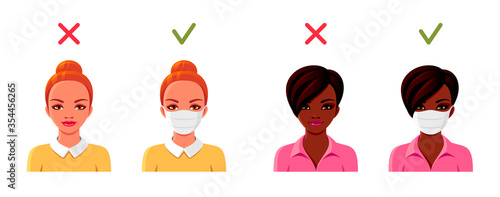 Afro-American and redhead women in medical face masks. Female avatars set. Coronavirus prophylactic poster. Vector illustration.