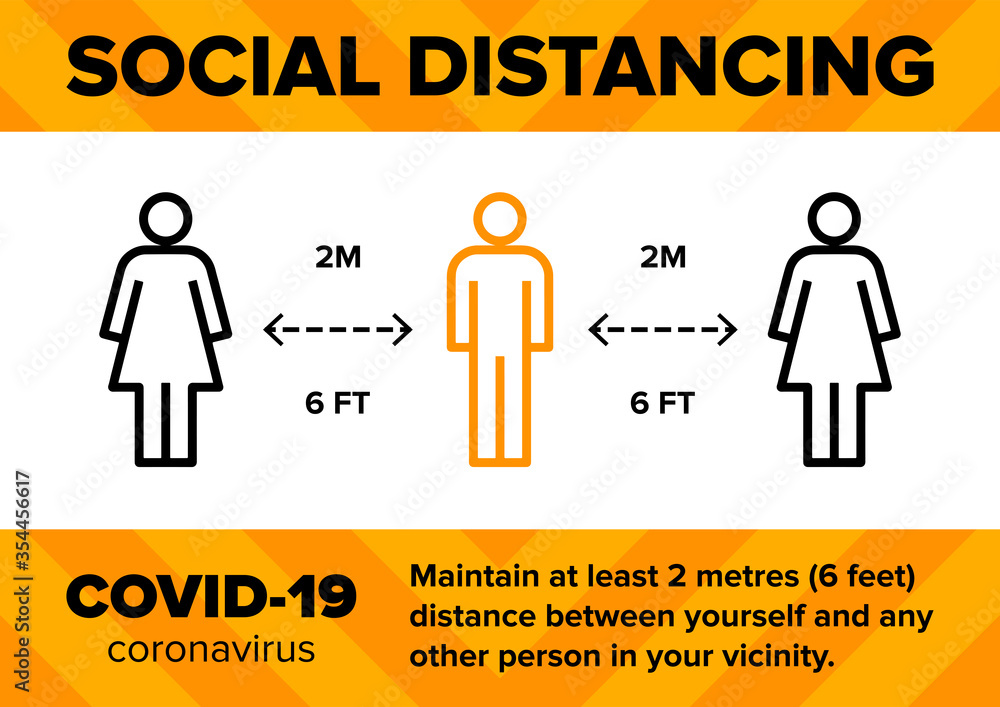 Social distancing 2m meter 6 feet distance infographic warning sign or ...